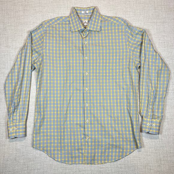 Peter Millar Mens Dress Shirt Size L Button Down log sleeve Blue Yellow Check - Picture 1 of 7